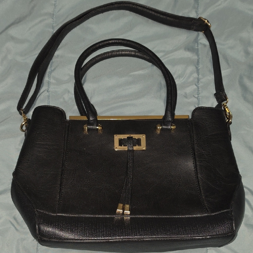 Structured Black Satchel with Gold Accents